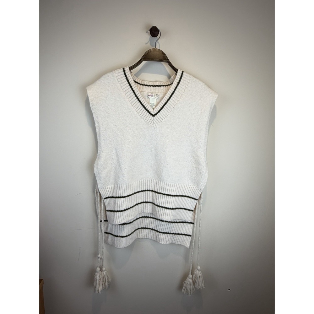 Free People Sweater Vest Poncho One Size Ivory V Neck Tie Sides Tassel Knit